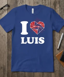 I Love Luis t-shirt with white text and a red and blue geometric heart graphic
