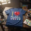 Navy t-shirt with "I Love Maddox" graphic featuring a red heart and pastel hearts