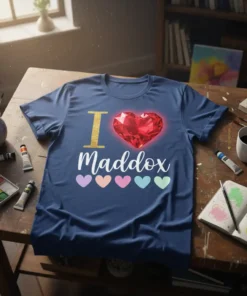 Navy t-shirt with "I Love Maddox" graphic featuring a red heart and pastel hearts