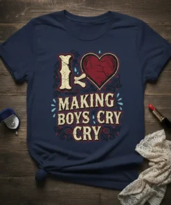 I Love Making Boys Cry Cry text with a cracked heart graphic on a navy t-shirt, vintage distressed style