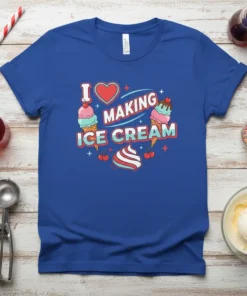 Blue t-shirt with the text "I Love Making Ice Cream" and illustrations of ice cream cones and cherries