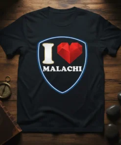 I Love Malachi T-Shirt with a red geometric heart and white text, set within a shield outline
