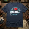 I Love Mandoca t-shirt with a red heart graphic and circular design elements
