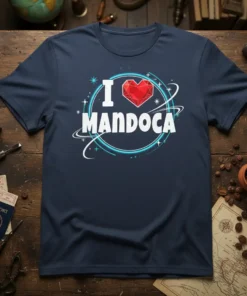 I Love Mandoca t-shirt with a red heart graphic and circular design elements