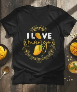 I LOVE mango text with two illustrated mango fruits inside a decorative golden floral wreath on a black t-shirt