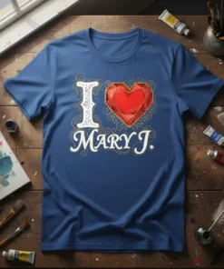 I Love Mary J. t-shirt with a red gemstone heart graphic and ornate gold swirls
