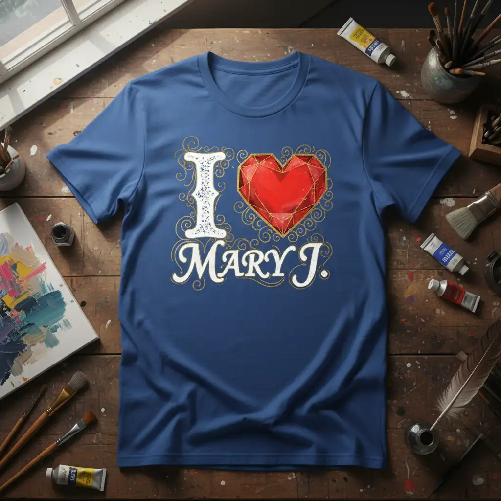I Love Mary J. design featuring a bold red gemstone heart and elegant script font