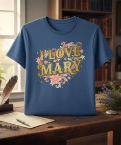 Blue t-shirt with "I Love Mary" text in glittery gold font surrounded by floral and swirl designs