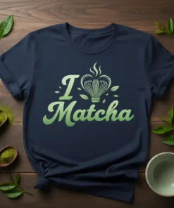 Navy blue t-shirt with "I Love Matcha" text and a heart made of a matcha whisk graphic, surrounded by leaves