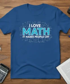 Blue t-shirt with "I LOVE MATH IT MAKES PEOPLE CRY" text surrounded by math formulas and geometric shapes