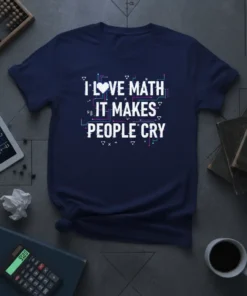 I Love Math It Makes People Cry funny math quote t-shirt design with white and pink glitch text