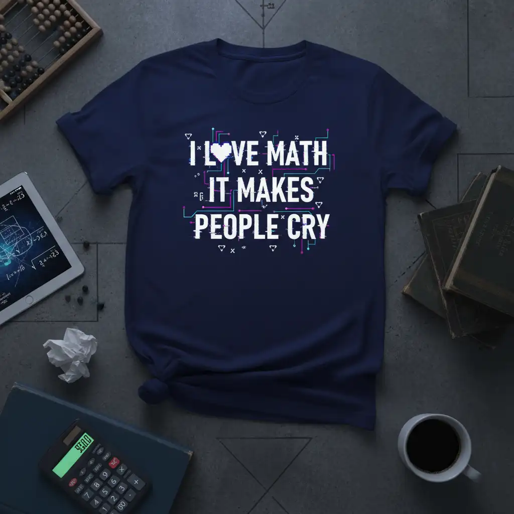 I Love Math It Makes People Cry humorous math quote design with glitch text and geometric accents