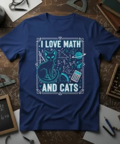 I Love Math And Cats T-Shirt design featuring a black cat surrounded by math equations, geometric shapes, and a calculator