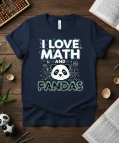 T-shirt with "I Love Math and Pandas" text and a cartoon panda graphic, surrounded by math symbols