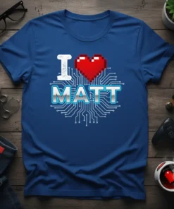 I Love Matt T-Shirt with pixelated heart and circuit board design, navy blue tee