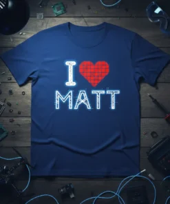 I Love Matt T-Shirt with a red pixelated heart and futuristic font for "MATT"