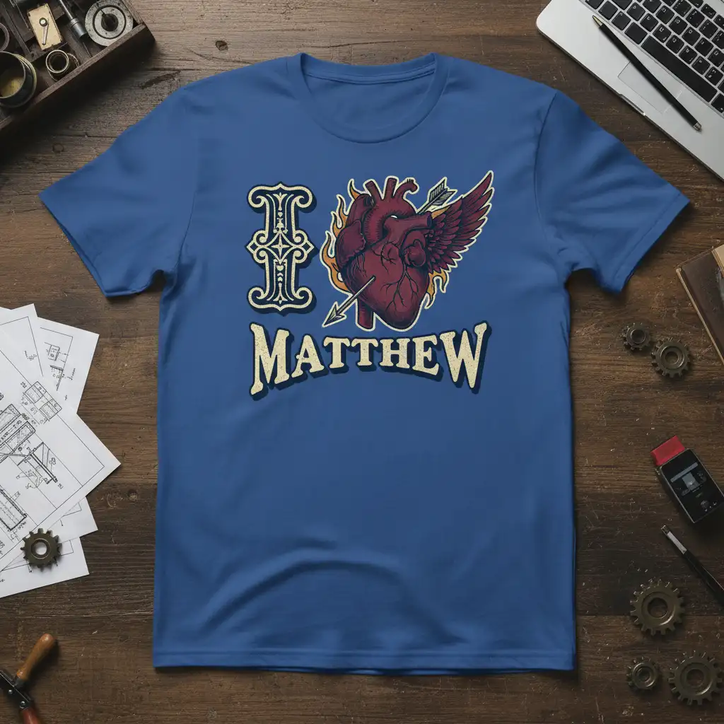 I Love Matthew graphic t-shirt with stylized winged heart and arrow design