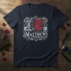 I Love Matthew text with anatomical heart and arrow graphic on a navy t-shirt