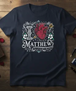 I Love Matthew text with anatomical heart and arrow graphic on a navy t-shirt