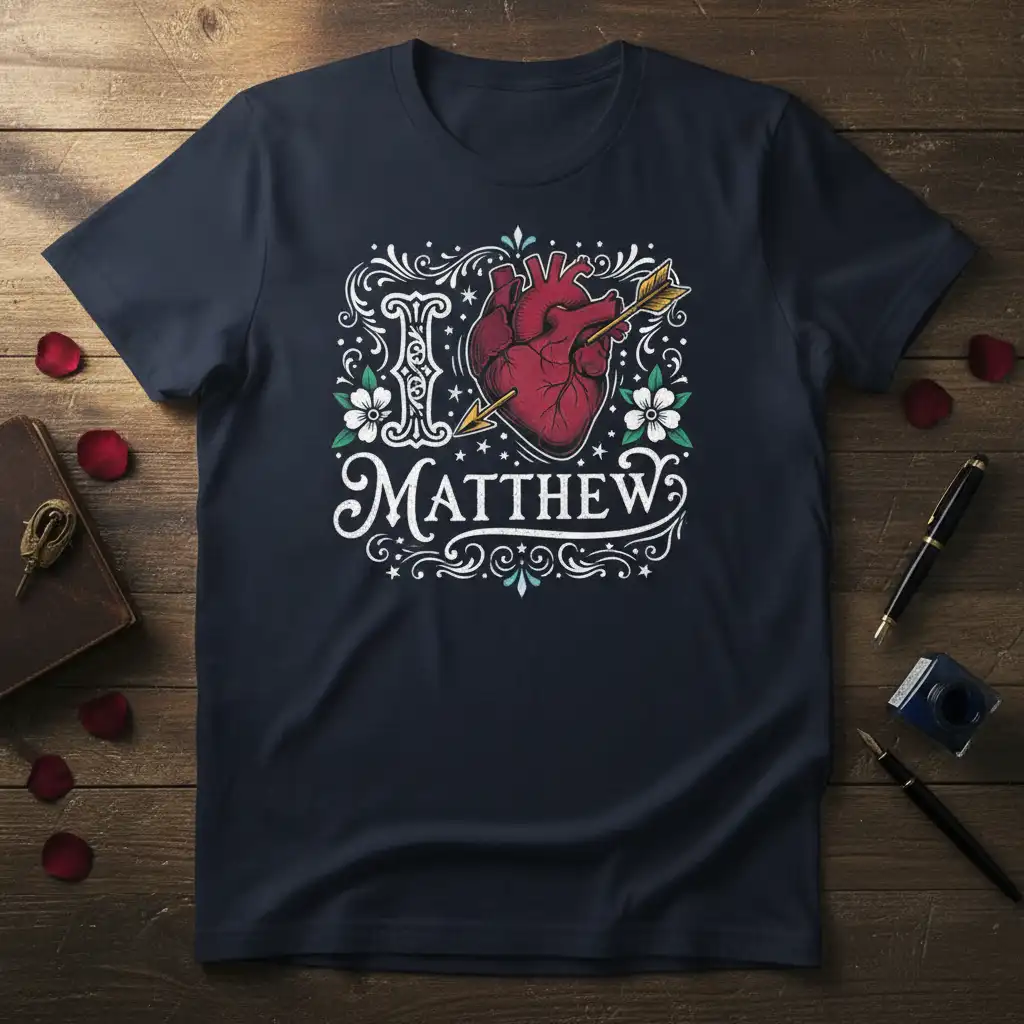 I Love Matthew text design with anatomical heart, arrow, and floral accents on a navy t-shirt
