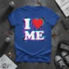 Blue t-shirt with bold white text "I LOVE ME" and a red heart graphic, featuring glitch effect and colorful abstract