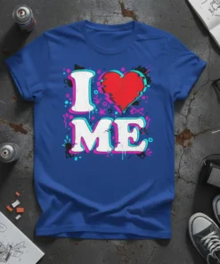 Blue t-shirt with bold white text "I LOVE ME" and a red heart graphic, featuring glitch effect and colorful abstract