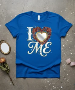 Blue t-shirt with "I LOVE ME" text and a heart-shaped mirror surrounded by roses design