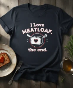 I Love Meatloaf, the end. quote on a dark t-shirt with a graphic of meatloaf and utensils