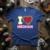 I Love Meghan T-Shirt with bold yellow 'I', red heart, and pink 'MEGHAN' text, featuring colorful graffiti-style splatters