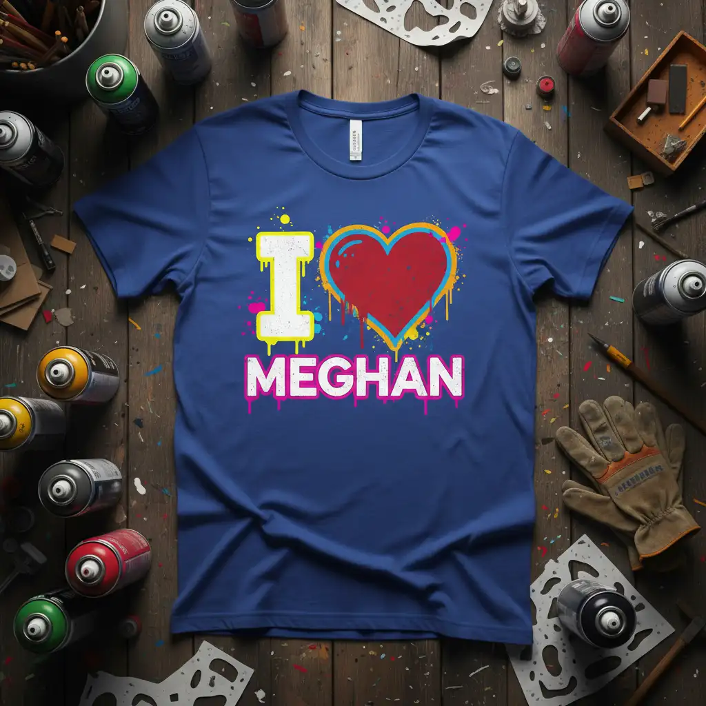 I Love Meghan text design with a red heart, set against a backdrop of colorful paint splatters and drips