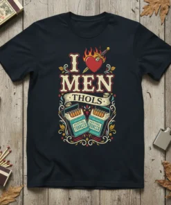 I Love Men Thols graphic t-shirt with vintage menthol cigarette packs and heart symbol