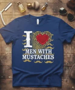 I Love Men With Mustaches text design with a heart and mustache graphics, navy blue t-shirt