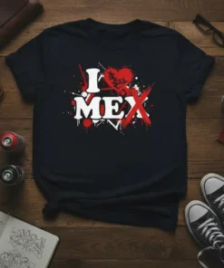 Black t-shirt with "I Love Mex" design, featuring a red heart with a Mexican flag motif and graffiti-style lettering