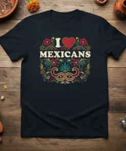 I Love Mexicans t-shirt with vintage-inspired design, featuring red heart and floral border