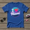 Retro I Love Miami t-shirt design with pixelated heart and city skyline graphic
