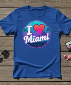 Retro I Love Miami t-shirt design with pixelated heart and city skyline graphic