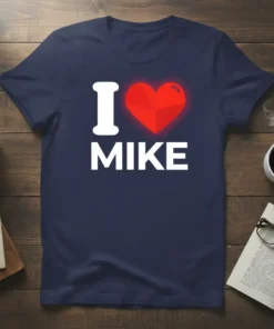 Navy blue t-shirt with white text "I Love Mike" and a red heart graphic, perfect for expressing affection