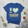 T-shirt featuring the text "I love mild temperatures" with a decorative heart filled with clouds and ornate lettering for "I"