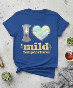 T-shirt featuring the text "I love mild temperatures" with a decorative heart filled with clouds and ornate lettering for "I"