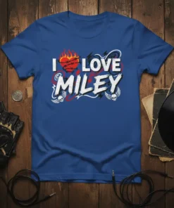 Blue t-shirt with "I LOVE MILEY" text in white and red, featuring a flaming heart with barbed wire and skull