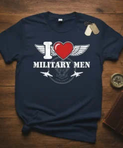 I Love Military Men text with heart and wings graphic on a navy t-shirt, featuring fighter jets and an anchor