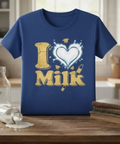 I Love Milk t-shirt with gold text and a heart-shaped milk splash graphic, featuring small cows and milk bottles