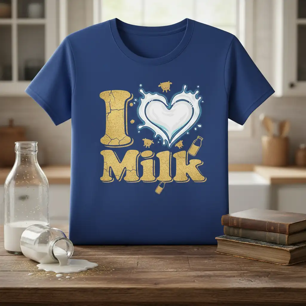 I Love Milk text design with a heart milk splash, small cows, and bottles, printed on a blue t-shirt