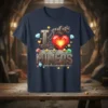 "I Love Miners" text design with a pixelated heart and gemstone graphics on a navy blue t-shirt
