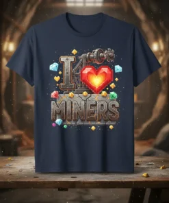 "I Love Miners" text design with a pixelated heart and gemstone graphics on a navy blue t-shirt