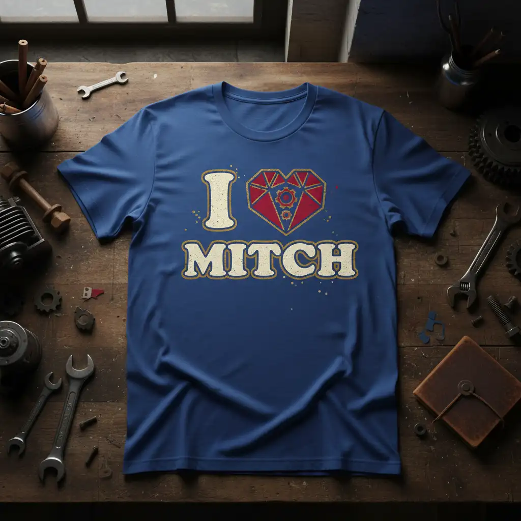 I Love Mitch text and geometric heart graphic on a blue t-shirt design