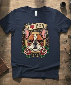 I Love Mom French Bulldog T-Shirt featuring a traditional tattoo-style Frenchie head with roses and a banner that says I