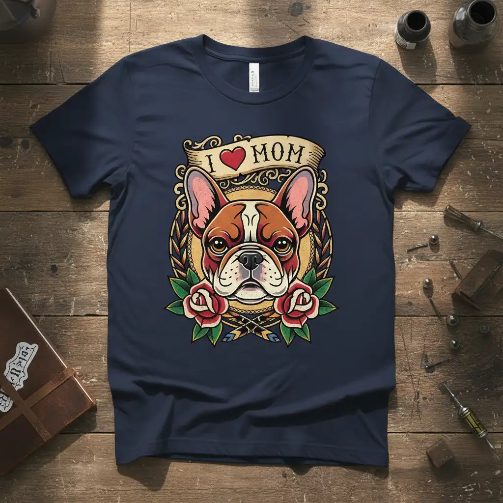 I Love Mom French Bulldog design with traditional tattoo-style art and a prominent Frenchie face