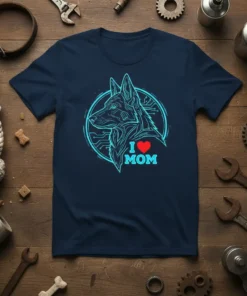 I Love Mom German Shepherd T-Shirt with cybernetic dog graphic and circuit board details