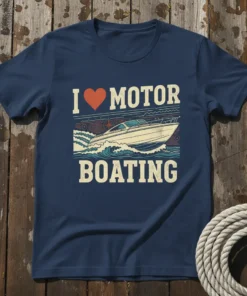 I Love Motor Boating T-Shirt featuring a retro design with a boat on the water and nautical text